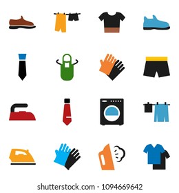 solid vector ixon set - iron vector, steaming, drying clothes, rubber glove, apron, tie, snickers, shorts, washer