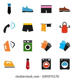solid vector ixon set - iron vector, steaming, drying clothes, washer, rubber glove, apron, tie, snickers, shorts