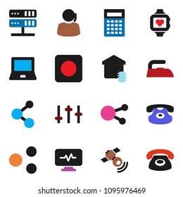 solid vector ixon set - iron vector, calculator, notebook pc, molecule, heart monitor, support, satellitie, settings, classic phone, social media, rec button, diagnostic, network server, share