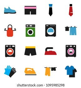 solid vector ixon set - iron vector, drying clothes, washer, rubber glove, apron, tie, snickers, shorts