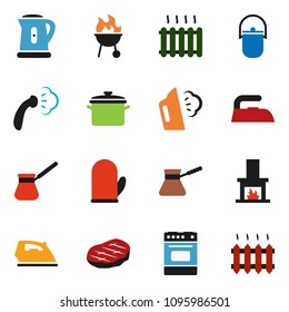 solid vector ixon set - iron vector, steaming, pan, camping cauldron, kettle, cook glove, turk coffee, oven, bbq, steak, fireplace, heating