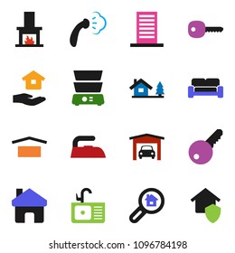 solid vector ixon set - iron vector, steaming, house hold, sink, double boiler, dry cargo, home, key, chalet, garage, search estate, cushioned furniture, fireplace, building, protect