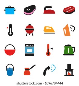 solid vector ixon set - iron vector, steaming, pan, camping cauldron, kettle, turk coffee, oven, thermometer, bbq, steak, fireplace