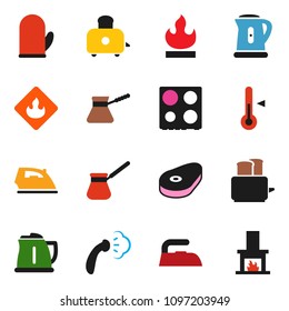 solid vector ixon set - iron vector, steaming, kettle, cook glove, turk coffee, toaster, oven, thermometer, steak, flammable, fireplace