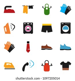 solid vector ixon set - iron vector, steaming, drying clothes, rubber glove, apron, tie, snickers, shorts, washer