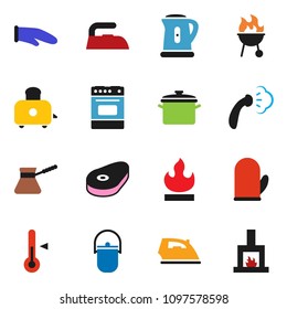 solid vector ixon set - iron vector, steaming, pan, camping cauldron, kettle, cook glove, turk coffee, toaster, oven, thermometer, bbq, steak, flammable, fireplace