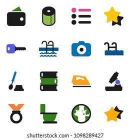 solid vector ixon set - iron vector, toilet, brush, paper, book, microscope, world, medal, pool, camera, key, wallet, star, menu