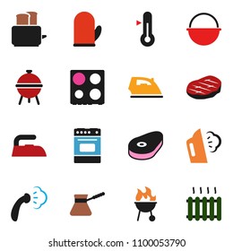 solid vector ixon set - iron vector, steaming, camping cauldron, cook glove, turk coffee, toaster, oven, thermometer, bbq, steak, heating