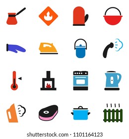 solid vector ixon set - iron vector, steaming, pan, camping cauldron, kettle, cook glove, turk coffee, oven, thermometer, steak, flammable, fireplace, heating