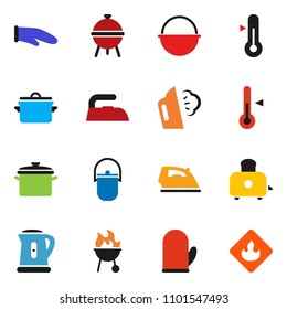 solid vector ixon set - iron vector, steaming, pan, camping cauldron, kettle, cook glove, toaster, thermometer, bbq, flammable