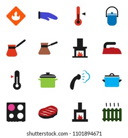 solid vector ixon set - iron vector, steaming, pan, camping cauldron, cook glove, turk coffee, oven, thermometer, steak, flammable, fireplace, heating