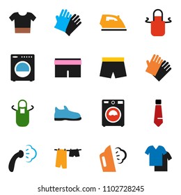 solid vector ixon set - iron vector, steaming, drying clothes, washer, rubber glove, apron, tie, snickers, shorts