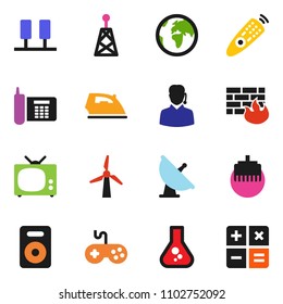 solid vector ixon set - iron vector, flask, earth, phone, satellite antenna, gamepad, remote control, speaker, server, firewall, lan connector, windmill, tv, support, calculator