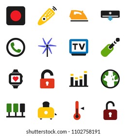 solid vector ixon set - iron vector, toaster, thermometer, world, heart monitor, equalizer, tv, remote control, rec button, jack, server, windmill, unlock, air conditioner, phone