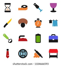solid vector ixon set - iron vector, drying clothes, ladle, knife, rolling pin, blender, mushroom, case, alarm clock, tie, measuring, glass, battery, sand, globe, market