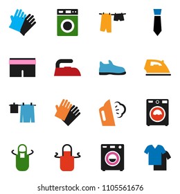 solid vector ixon set - iron vector, steaming, drying clothes, washer, rubber glove, apron, tie, snickers, shorts