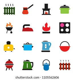 solid vector ixon set - iron vector, pan, camping cauldron, kettle, turk coffee, toaster, oven, bbq, flammable, fireplace, heating