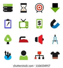 solid vector ixon set - iron vector, drawing compass, magnet, arrow down, target, clipboard, speaker, tv, sand clock, big data, hierarchy, route, user, fruit tree, tap pay, clothes