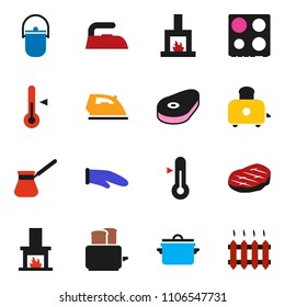 solid vector ixon set - iron vector, pan, camping cauldron, cook glove, turk coffee, toaster, oven, thermometer, steak, fireplace, heating