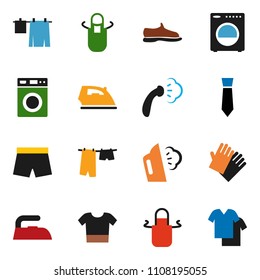 solid vector ixon set - iron vector, steaming, drying clothes, washer, rubber glove, apron, tie, snickers, shorts