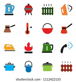solid vector ixon set - iron vector, steaming, pan, camping cauldron, kettle, turk coffee, thermometer, bbq, flammable, heating