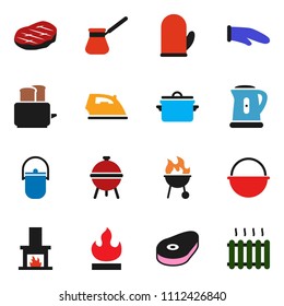 solid vector ixon set - iron vector, pan, camping cauldron, kettle, cook glove, turk coffee, toaster, bbq, steak, flammable, fireplace, heating