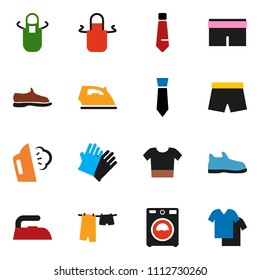 solid vector ixon set - iron vector, steaming, drying clothes, washer, rubber glove, apron, tie, snickers, shorts