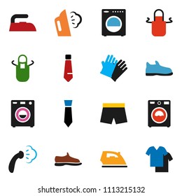 solid vector ixon set - iron vector, steaming, washer, rubber glove, apron, tie, snickers, shorts, clothes