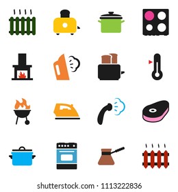 solid vector ixon set - iron vector, steaming, pan, turk coffee, toaster, oven, thermometer, bbq, steak, fireplace, heating