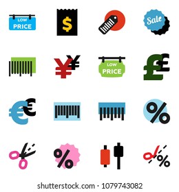 solid vector ixon set - japanese candle vector, receipt, euro sign, pound, yen, barcode, low price signboard, sale, percent, coupon