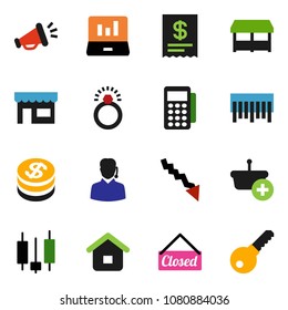 solid vector ixon set - japanese candle vector, laptop graph, crisis, barcode, dollar coin, closed, market, store, support, card reader, receipt, basket, home, loudspeaker, diamond ring, password