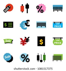 solid vector ixon set - japanese candle vector, receipt, euro sign, yen, barcode, low price signboard, sale, percent