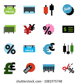 solid vector ixon set - japanese candle vector, receipt, euro sign, pound, yen, barcode, low price signboard, sale, percent, coupon