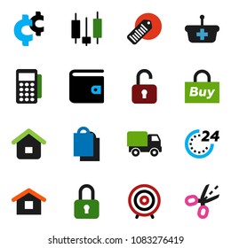 solid vector ixon set - japanese candle vector, wallet, target, cent sign, barcode, 24 hour, shopping bag, buy, card reader, basket, home, delivery, lock, unlock, coupon