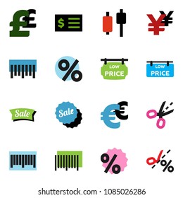solid vector ixon set - japanese candle vector, receipt, euro sign, pound, yen, barcode, low price signboard, sale, percent, coupon