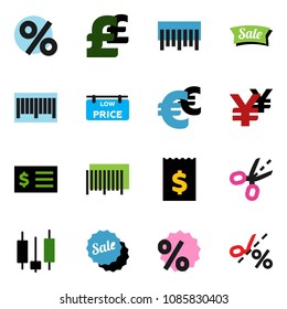 solid vector ixon set - japanese candle vector, receipt, euro sign, pound, yen, barcode, low price signboard, sale, percent, coupon