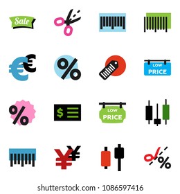 solid vector ixon set - japanese candle vector, receipt, euro sign, yen, barcode, low price signboard, sale, percent, coupon