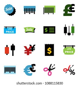 solid vector ixon set - japanese candle vector, receipt, euro sign, pound, yen, barcode, low price signboard, sale, coupon