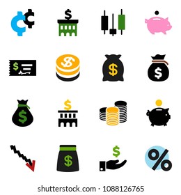 solid vector ixon set - japanese candle vector, crisis, money bag, piggy bank, investment, coin stack, check, building, cent sign, dollar, percent