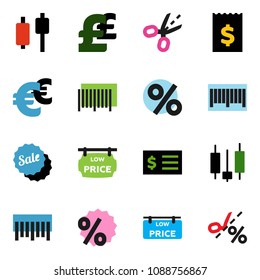 solid vector ixon set - japanese candle vector, receipt, euro sign, pound, barcode, low price signboard, sale, percent, coupon