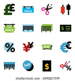 solid vector ixon set - japanese candle vector, receipt, euro sign, pound, yen, barcode, low price signboard, sale, percent, coupon