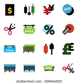 solid vector ixon set - japanese candle vector, receipt, pound, yen sign, barcode, low price signboard, sale, percent, coupon
