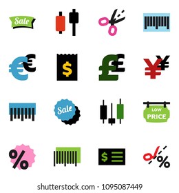 solid vector ixon set - japanese candle vector, receipt, euro sign, pound, yen, barcode, low price signboard, sale, percent, coupon