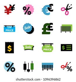 solid vector ixon set - japanese candle vector, receipt, euro sign, pound, yen, barcode, low price signboard, sale, percent, coupon
