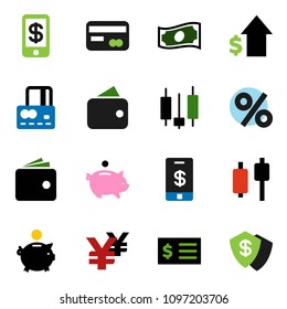 solid vector ixon set - japanese candle vector, credit card, wallet, cash, piggy bank, dollar growth, receipt, yen sign, percent, tap pay, shield
