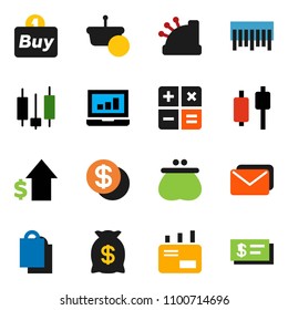 solid vector ixon set - japanese candle vector, laptop graph, dollar growth, barcode, coin, wallet, money bag, shopping, buy, cashbox, basket, calculator, mail, check