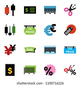 solid vector ixon set - japanese candle vector, receipt, euro sign, yen, barcode, low price signboard, sale, percent, coupon