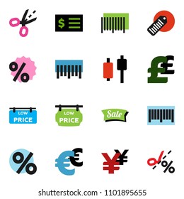 solid vector ixon set - japanese candle vector, receipt, euro sign, pound, yen, barcode, low price signboard, sale, percent, coupon