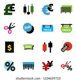solid vector ixon set - japanese candle vector, receipt, euro sign, pound, yen, barcode, low price signboard, sale, percent, coupon