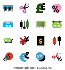 solid vector ixon set - japanese candle vector, receipt, euro sign, pound, yen, barcode, low price signboard, sale, percent, coupon